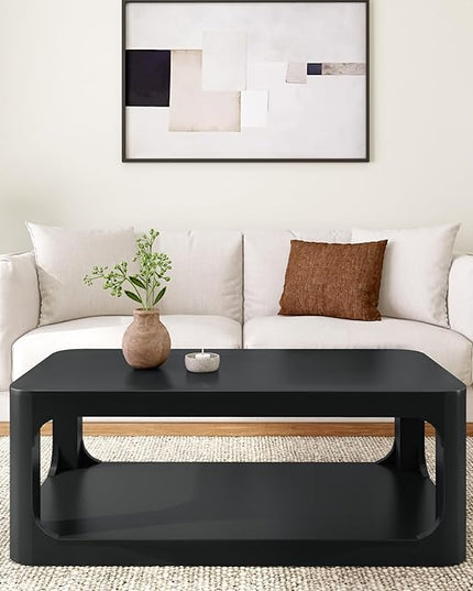 Plank+Beam Forma Coffee Table, Solid Wood 48 Inch Modern Coffee Table with Shelf, Contemporary Center Table with Storage Space, Rectangle Tea Table with Storage, Black - LeafyLoom