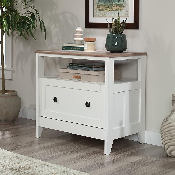 Sauder August Hill Lateral File, L: 19.53" x W: 32.28" x H: 29.25", Soft White Finish - LeafyLoom