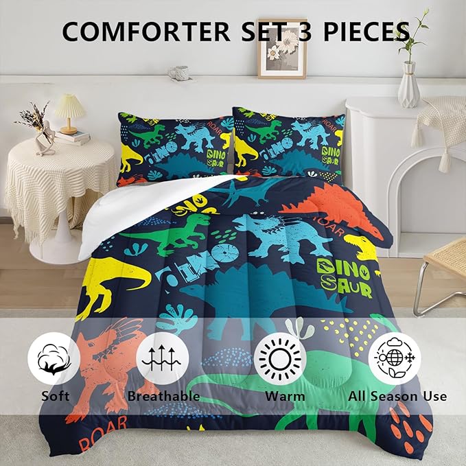 Axolotl Boys Bedding Cartoon Dinosaur Comforter Set Queen Size,Cute Dinosaur Bedding Set for Kids Boys Girls Teens Adults Room Decor,Kids Comforter Set All Season,1 Quilt 2 Pillow Cases,Purple - LeafyLoom