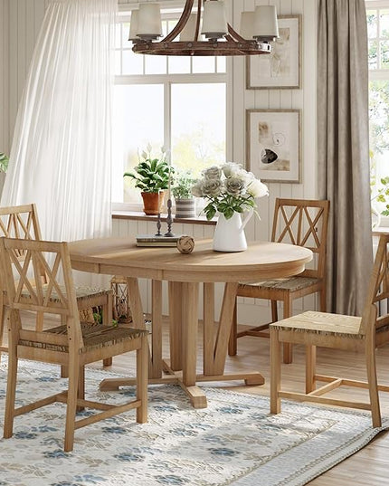 Rustic Round Trestle, Extending w/4 Cross Back Chairs, Easy Assembly, Room, Kitchen, Small Place, 5 Piece Dining Table Set, Natural 19 - LeafyLoom