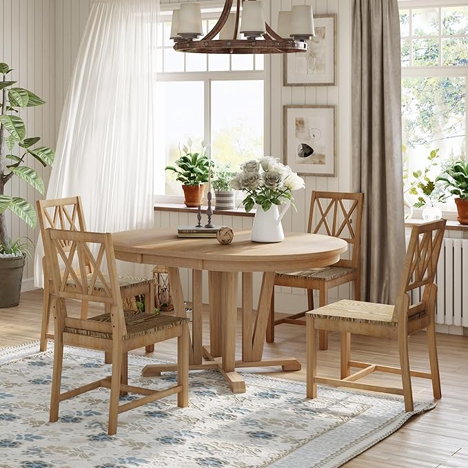 Rustic Round Trestle, Extending w/4 Cross Back Chairs, Easy Assembly, Room, Kitchen, Small Place, 5 Piece Dining Table Set, Natural 19 - LeafyLoom