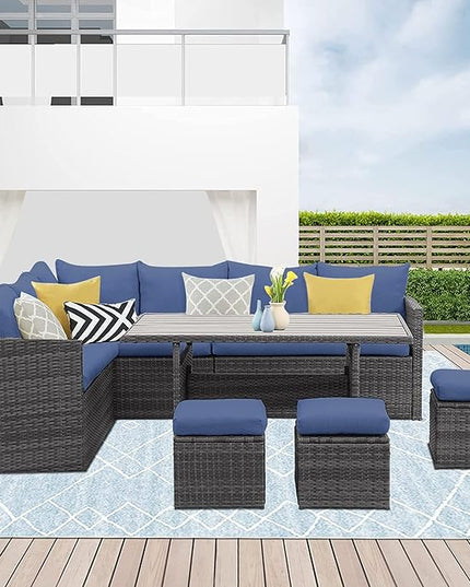 Wisteria Lane Outdoor Patio Furniture Set, 7 Piece Outdoor Dining Sectional Sofa with Dining Table and Chair, All Weather Wicker Conversation Set with Ottoman,Blue - LeafyLoom
