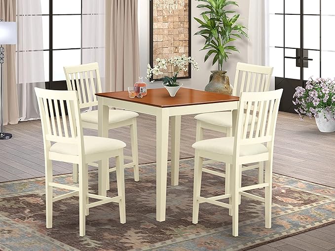 East West Furniture VERN5-WHI-C 5 Piece Counter Height Dining Set Includes a Square Dinette Table and 4 Linen Fabric Kitchen Dining Chairs, 36x36 Inch, Buttermilk & Cherry - LeafyLoom