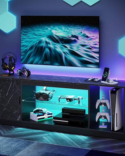 Bestier LED TV Stand with Power Outlets for 55/60/65 Inch TV, Gaming Entertainment Center with Cabinet for PS5, Modern TV Cabinet with Adjustable Glass Shelves for Living Room 58 Inch,Black Marble - LeafyLoom