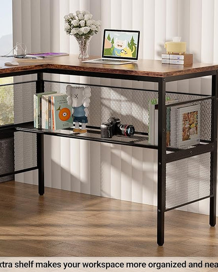 Reversible L Shaped Gaming Desk with Magic Power Outlets, 55 Inch Large Corner Computer Desk, Sturdy Home Office Table with Storage Shelf, Attractive Grid Design Writing Desk, Rustic Brown - LeafyLoom