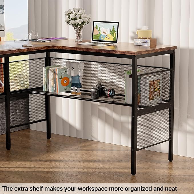 Reversible L Shaped Gaming Desk with Magic Power Outlets, 55 Inch Large Corner Computer Desk, Sturdy Home Office Table with Storage Shelf, Attractive Grid Design Writing Desk, Rustic Brown - LeafyLoom