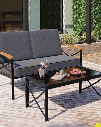 Shintenchi 2 Piece Outdoor Patio Furniture Set, Metal Sofa Chair Conversation Set, Including Loveseat and Coffee Table for Backyard, Patio, Balcony, Poolside (Dark Grey) - LeafyLoom