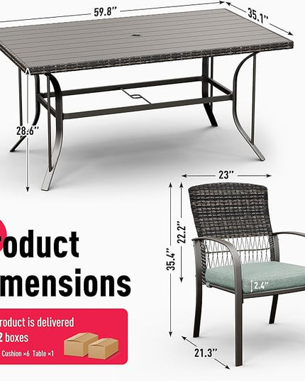 Pamapic Patio Dining Table Set, Outdoor Dining Set 7 Piece, Outdoor Wicker Furniture Set with Removable Cushions for Backyard Garden Deck/Iron Slats Table Top(Green) - LeafyLoom