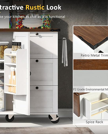 54.5" Farmhouse Island with Power Outlet & Drop Leaf, Rolling Kitchen Cart on Wheels w/Internal Storage, Spice, Towel Rack and Drawers, for Home, Dining Room, White, 54.5 Inch - LeafyLoom