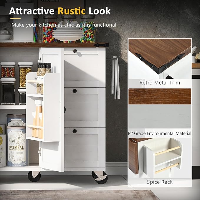 54.5" Farmhouse Island with Power Outlet & Drop Leaf, Rolling Kitchen Cart on Wheels w/Internal Storage, Spice, Towel Rack and Drawers, for Home, Dining Room, White, 54.5 Inch - LeafyLoom