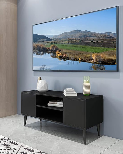 Yusong Retro TV Stand for 55 Inch TV, Entertainment Centers for Living Room Bedroom, Wood TV Bench Table TV Console TV Cabinet with 2 Storage Cabinets and Open Shelves, Black - LeafyLoom