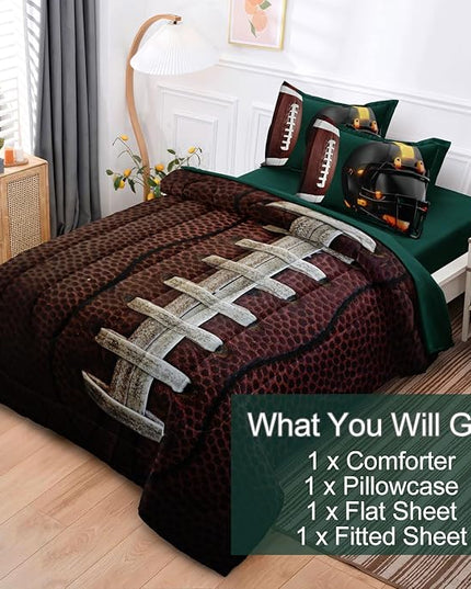 Teen Boy Football Bedding Set Twin Size, 4 Pieces American Football Comforter Set Twin, Kids Sports Bedding Bed in a Bag Set, Green Brown - LeafyLoom