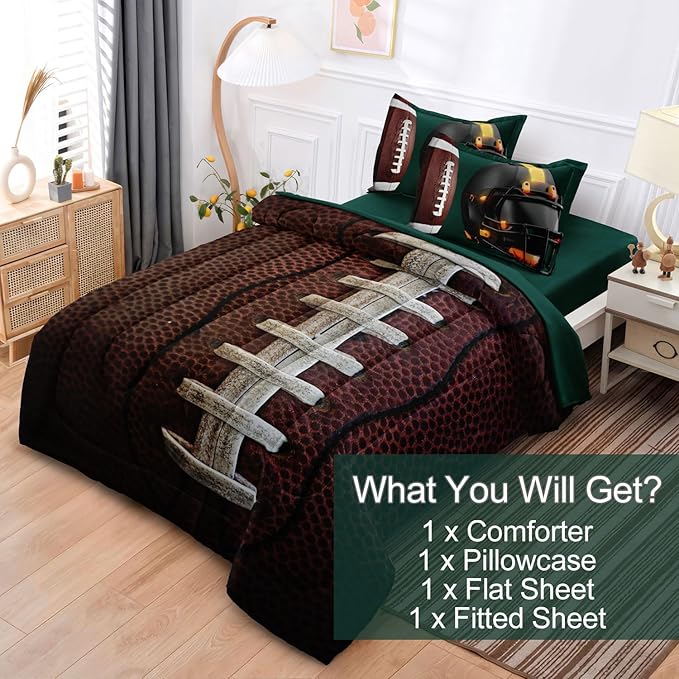 Teen Boy Football Bedding Set Twin Size, 4 Pieces American Football Comforter Set Twin, Kids Sports Bedding Bed in a Bag Set, Green Brown - LeafyLoom