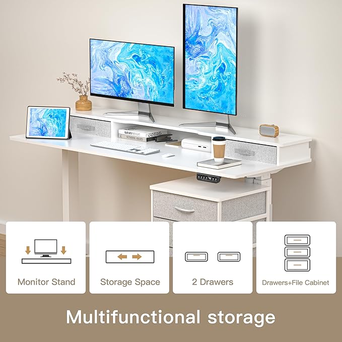 63 Inch Electric Standing Desk with Cabinet & Drawers, Height Adjustable Sit Stand Desk with Monitor Shelf, Smart Home Office Standing Computer Desk, White - LeafyLoom