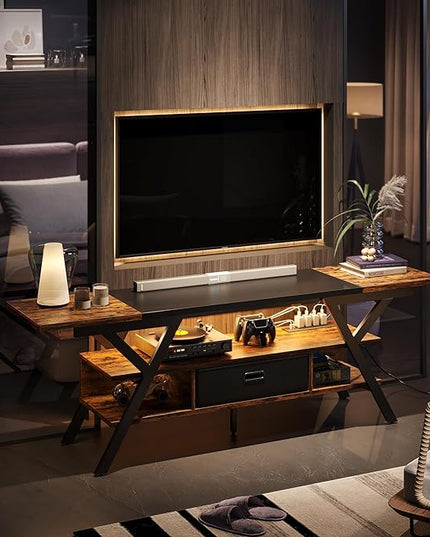 Bestier 70 Inch Gaming Tv Stands for Living Room with Power Outlet for TVs up to 75", Black Entertainment Center with Led Lights for Living Room Bedroom. Rustic Brown - LeafyLoom