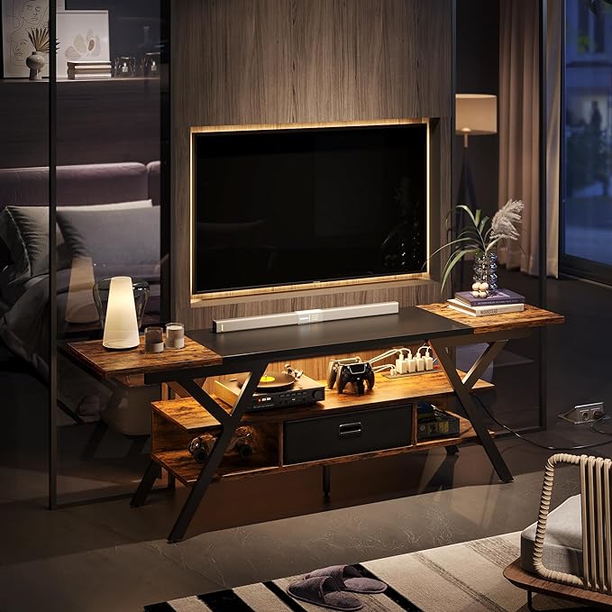 Bestier 70 Inch Gaming Tv Stands for Living Room with Power Outlet for TVs up to 75", Black Entertainment Center with Led Lights for Living Room Bedroom. Rustic Brown - LeafyLoom