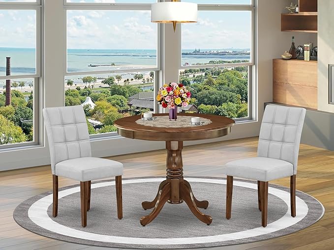 East West Furniture ANAS3-AWA-27 3 Piece Modern Dining Set consists A Dinning Table and 2 Light Gray Faux Leather Dinner Chairs, Antique Walnut, 36x36 Inch - LeafyLoom
