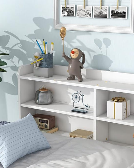 Twin Size Platform 2 Storage Drawers and Side Bookcase, Solid Wood Day Captain, Ideal Bed Frame for Bedroom, Living Room, White - LeafyLoom