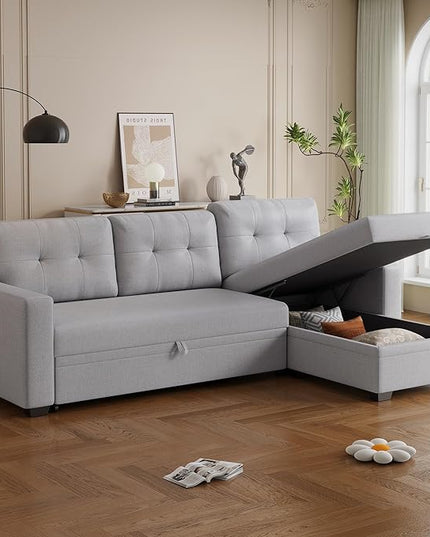 82'' L Shape Sectional Sleeper Sofa with Pull Storage Chaise,Upholstered Convertible Corner Couch Bed W/ 3 Removable Back Cushions and Armrest for Living Room,Office,Light Grey, 82" - LeafyLoom