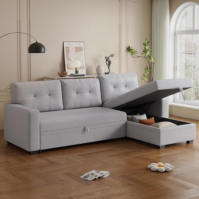82'' L Shape Sectional Sleeper Sofa with Pull Storage Chaise,Upholstered Convertible Corner Couch Bed W/ 3 Removable Back Cushions and Armrest for Living Room,Office,Light Grey, 82" - LeafyLoom