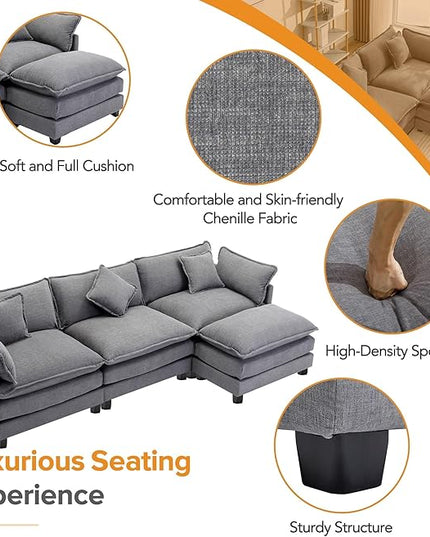 112.2" L-Shape Chenille Upholstered Sofa, Modern Luxury Couch with Movable Ottoman adn 5 Pillows, for Living Room, Apartment, 112.2 Inch, Gray - LeafyLoom