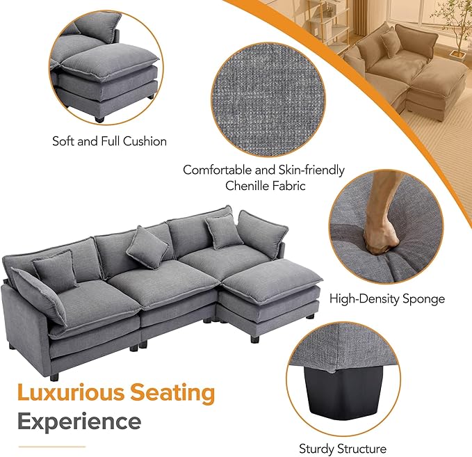 112.2" L-Shape Chenille Upholstered Sofa, Modern Luxury Couch with Movable Ottoman adn 5 Pillows, for Living Room, Apartment, 112.2 Inch, Gray - LeafyLoom