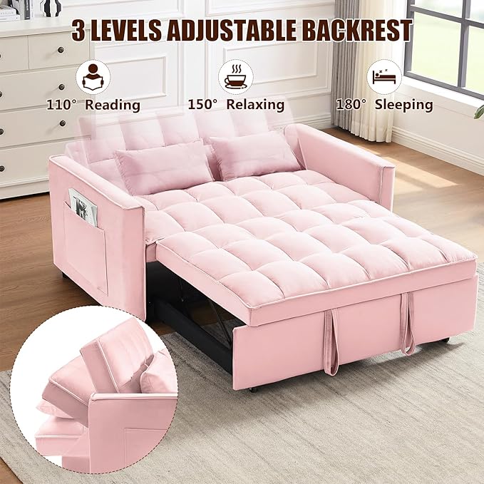 Loveseat Sofa Bed Convertible Chair with 2 Pockets & 2 Pillows for Living Room, Pink - LeafyLoom
