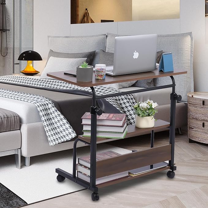 Portable Desk Small Desks for Small Spaces Laptop Table Brown Rolling Adjustable Desk on Wheels Mobile Couch Desk for Bedroom Home Office Computer Standing Desk Student Desk with Storage 32x16 Inch - LeafyLoom