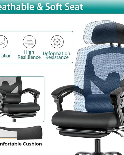 MCQ Office Computer Desk Chair, Gaming Chairs for Adults, High-Back Mesh Rolling Swivel Reclining Chairs with Wheels, Comfortable Lumbar Support, Comfy Arms for Home, Office, Gaming, Student, Black - LeafyLoom