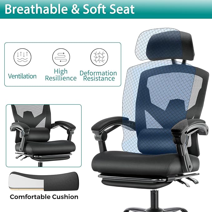 MCQ Office Computer Desk Chair, Gaming Chairs for Adults, High-Back Mesh Rolling Swivel Reclining Chairs with Wheels, Comfortable Lumbar Support, Comfy Arms for Home, Office, Gaming, Student, Black - LeafyLoom