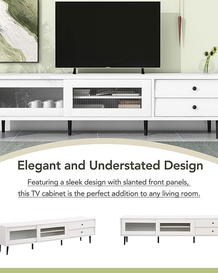 Merax Chic Elegant Design TV Stand with Sliding Fluted Glass Doors and Ample Space, Slanted Drawers Media Console for Televisions Up to 75", Modern Storage Cabinet, 70.86 inch Length, White - LeafyLoom