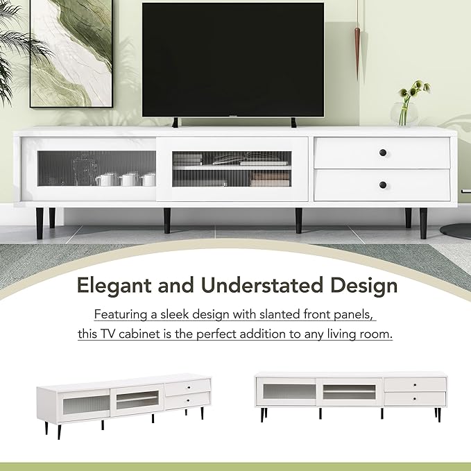 Merax Chic Elegant Design TV Stand with Sliding Fluted Glass Doors and Ample Space, Slanted Drawers Media Console for Televisions Up to 75", Modern Storage Cabinet, 70.86 inch Length, White - LeafyLoom