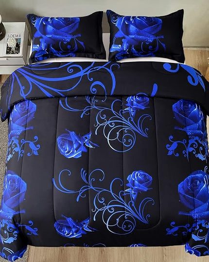 WONGS BEDDING Blue Comforter Set Queen Reversible Blue Rose Pattern Printed Bedding Comforter Set with 2 Pillowcases for All Seasons, Soft Microfiber Filling Bedding Set 90"x90" - LeafyLoom