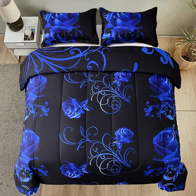 WONGS BEDDING Blue Comforter Set Queen Reversible Blue Rose Pattern Printed Bedding Comforter Set with 2 Pillowcases for All Seasons, Soft Microfiber Filling Bedding Set 90"x90" - LeafyLoom