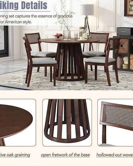 NicBex Dining Table for 4 Kitchen & Dining Room Tables 5-Piece Retro Dining Set with 1 Round Dining Table and 4 Upholstered Chairs with Rattan Backrests for Dining Room and Kitchen, Walnut - LeafyLoom