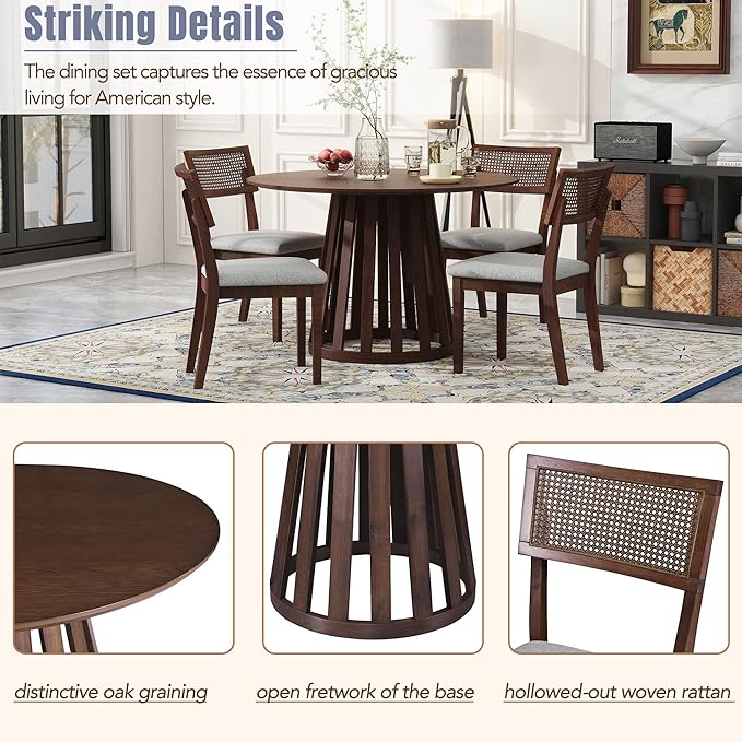NicBex Dining Table for 4 Kitchen & Dining Room Tables 5-Piece Retro Dining Set with 1 Round Dining Table and 4 Upholstered Chairs with Rattan Backrests for Dining Room and Kitchen, Walnut - LeafyLoom
