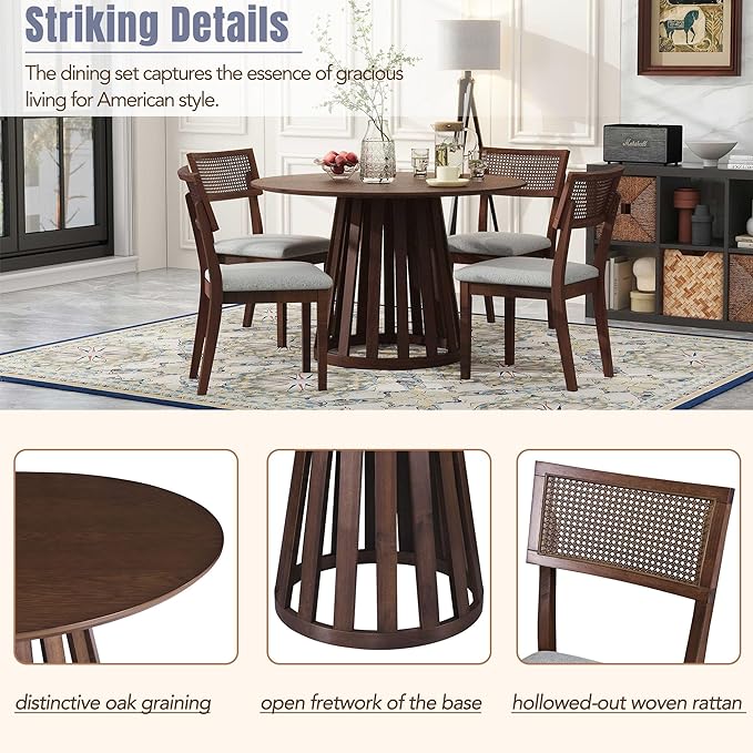 5-Piece Classic Retro Style Dining Set with Round Table and 4 Upholstered Chairs with Rattan Backrests for Kitchen, Living Room, Walnut, 47.2" L x 47.2" W x 29.9" H - LeafyLoom