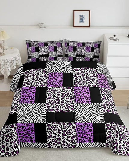Erosebridal Purple Leopard Bedding Set Patchwork Cheetah Print Comforter Sets King Size for Girls Teens Adults Women Bedroom Black Zebra Pattern Duvet Sets Animal Skin Down Comforter 2 Piece - LeafyLoom