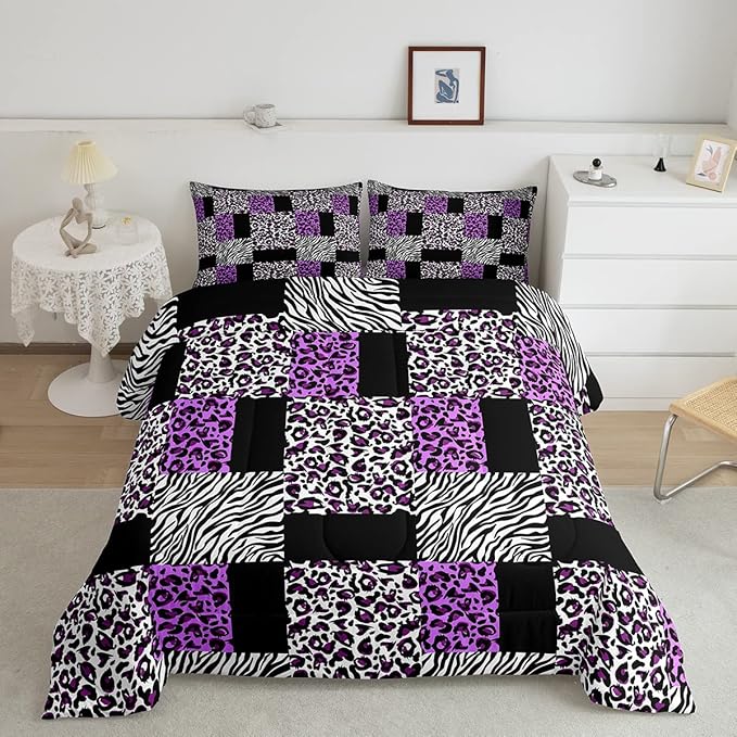 Erosebridal Purple Leopard Bedding Set Patchwork Cheetah Print Comforter Sets King Size for Girls Teens Adults Women Bedroom Black Zebra Pattern Duvet Sets Animal Skin Down Comforter 2 Piece - LeafyLoom