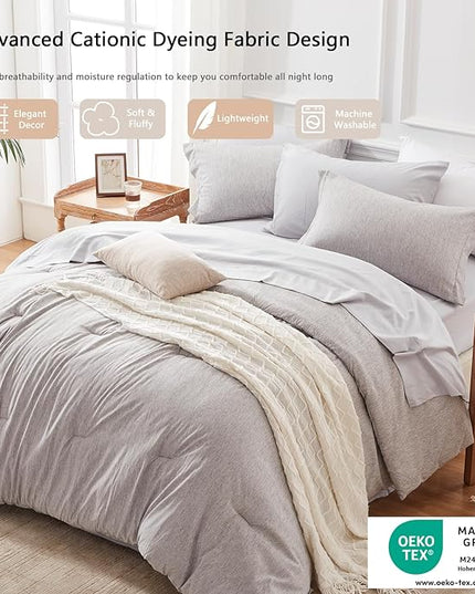 UNILIBRA Queen Comforter Set 7 Pieces Bed in a Bag - Grey Queen Soft Bedding Set for All Seasons - Cationic Dyeing Bed Comforter Sets with Comforter, Flat Sheet, Fitted Sheet, Pillowcases & Shams - LeafyLoom