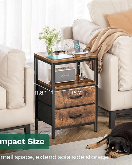 Nightstand with Charging Station, Side Table with Fabric Drawers, End Table with Open Shelf, Bedside Table with USB Ports and Outlets, Night Stand for Bedroom, Rustic Brown - LeafyLoom