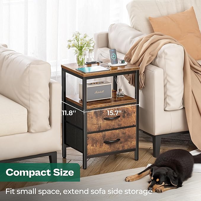 Nightstand with Charging Station, Side Table with Fabric Drawers, End Table with Open Shelf, Bedside Table with USB Ports and Outlets, Night Stand for Bedroom, Rustic Brown - LeafyLoom