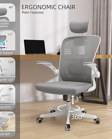 Office Chair, Ergonomic Office Chair, Home Office Desk Chairs with Lumbar Support, 3D Headrest and Flip Up Arms, Rockable Swivel Computer Chair Grey Mesh Chair for Home Office - LeafyLoom