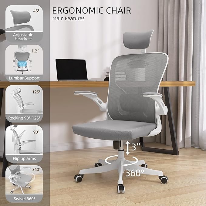 Office Chair, Ergonomic Office Chair, Home Office Desk Chairs with Lumbar Support, 3D Headrest and Flip Up Arms, Rockable Swivel Computer Chair Grey Mesh Chair for Home Office - LeafyLoom