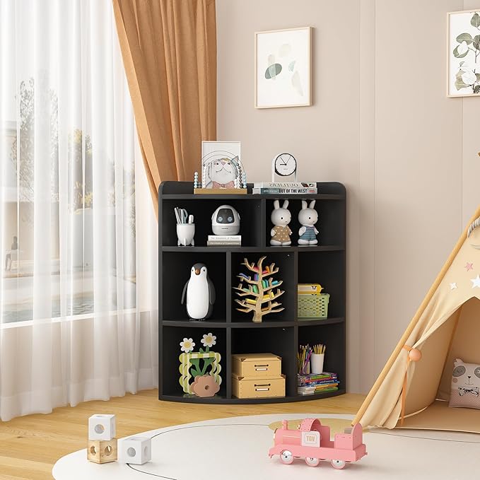 Vecelo 3-Tier Corner Cabinet with 8 Cubbies, Wooden Cube Storage Organizer, Modern Corner Bookshelf Units for Bedroom, Living Room, Study Room, Black - LeafyLoom