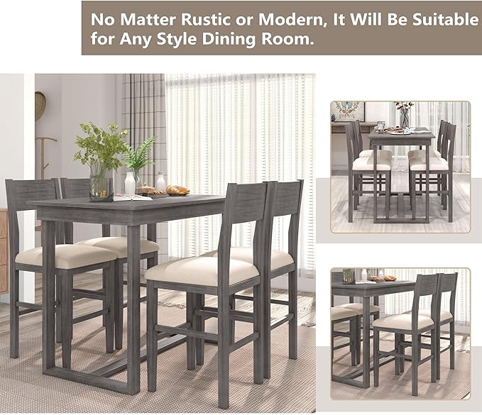 5 Piece Farmhouse Counter Height Dining, Wooden Set with 1 Rectangular Table and 4 Upholstered Chairs for Small Spaces Eat-in Kitchen, Gray - LeafyLoom
