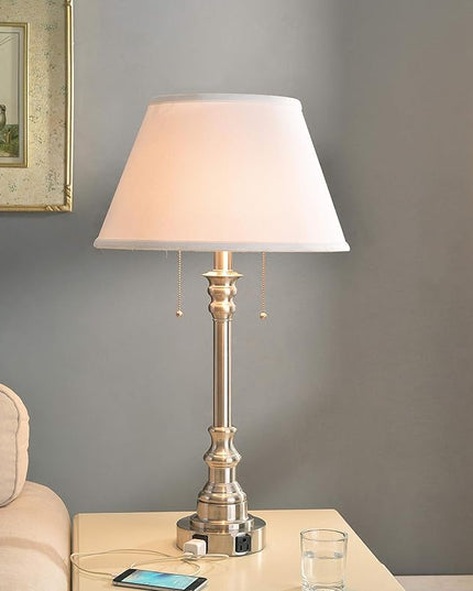 Kenroy Home 30437BS-OOR Spyglass Double Outlet Table Lamp with Brushed Steel Finish, Classic Style, 30.5" Height, 17" Width, 17" Depth - LeafyLoom