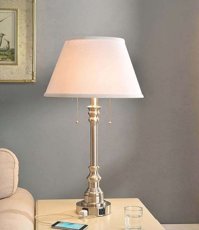 Kenroy Home 30437BS-OOR Spyglass Double Outlet Table Lamp with Brushed Steel Finish, Classic Style, 30.5" Height, 17" Width, 17" Depth - LeafyLoom