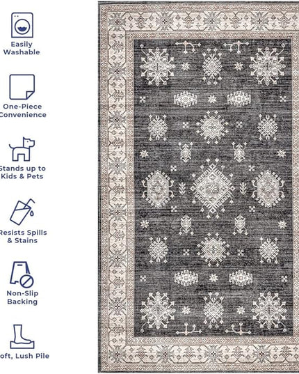 nuLOOM Mollie Machine Washable Traditional Border Ultra Thin Area Rug, 4x6, Charcoal - LeafyLoom