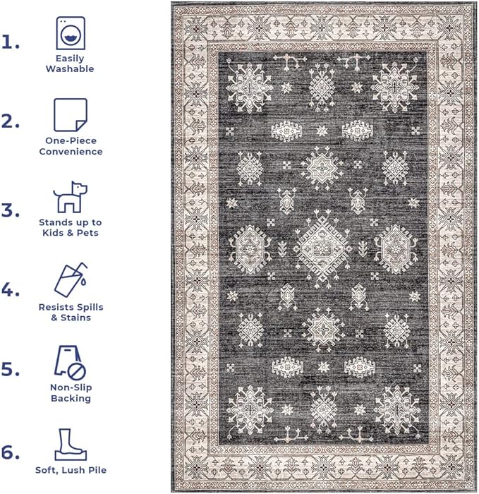 nuLOOM Mollie Machine Washable Traditional Border Ultra Thin Area Rug, 4x6, Charcoal - LeafyLoom